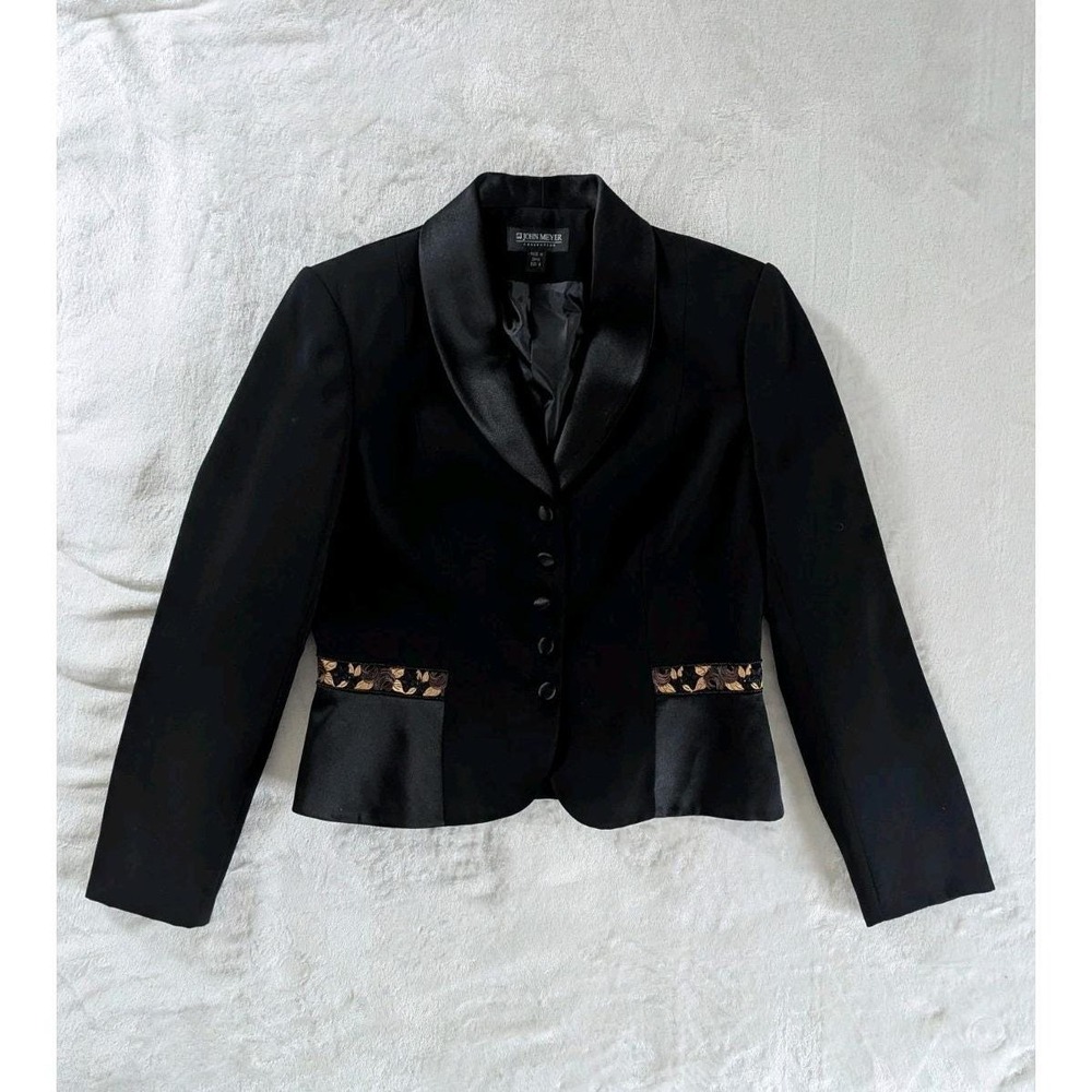 Vtg John Meyer Blazer Black Satin Trim Floral Embroidery Sz 8 Regency Tailored